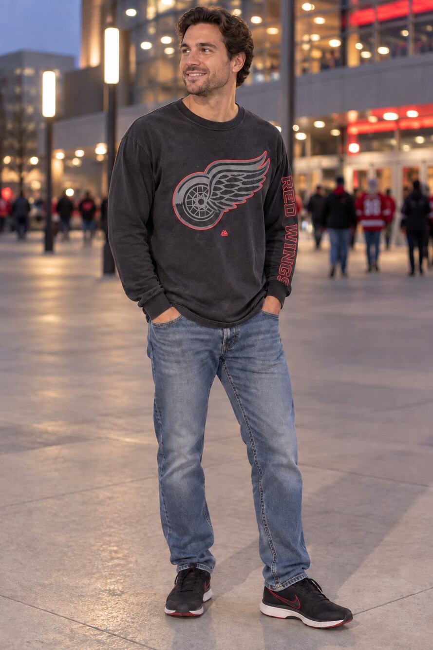 Detroit Red Wings Majestic Men’s L Faded Black Long Sleeve Shirt NHL Hockey